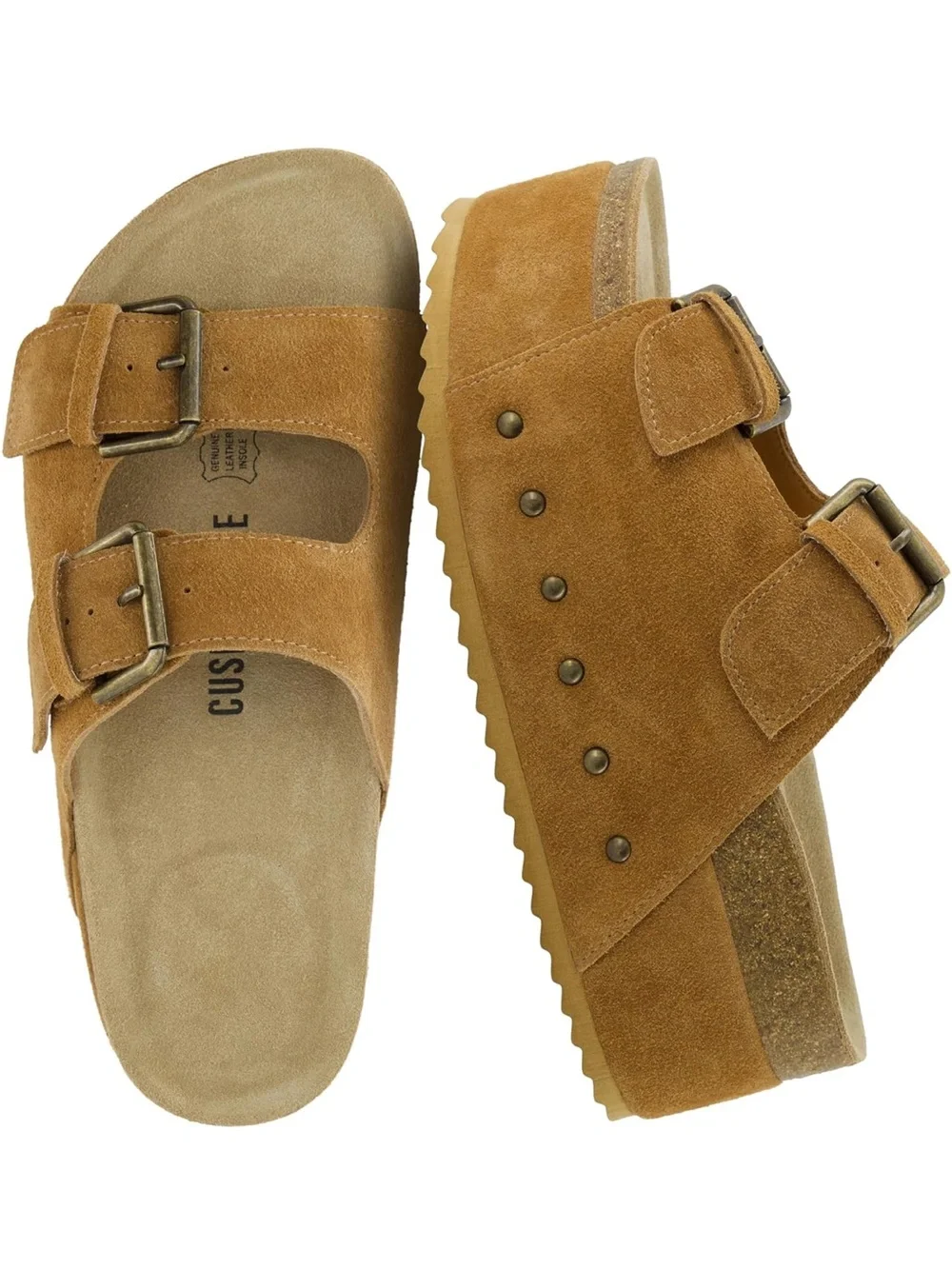 Women’s Suede Platform Slide Sandals in Brown with Buckle Straps